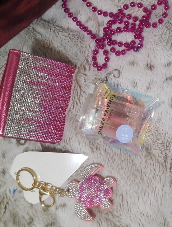 H&M, CLAIRES Accessories - Pink Rhinestone LOT 7PC ID Coin Purse Turtle Keychain Fob Lipsticks Pouch Beads